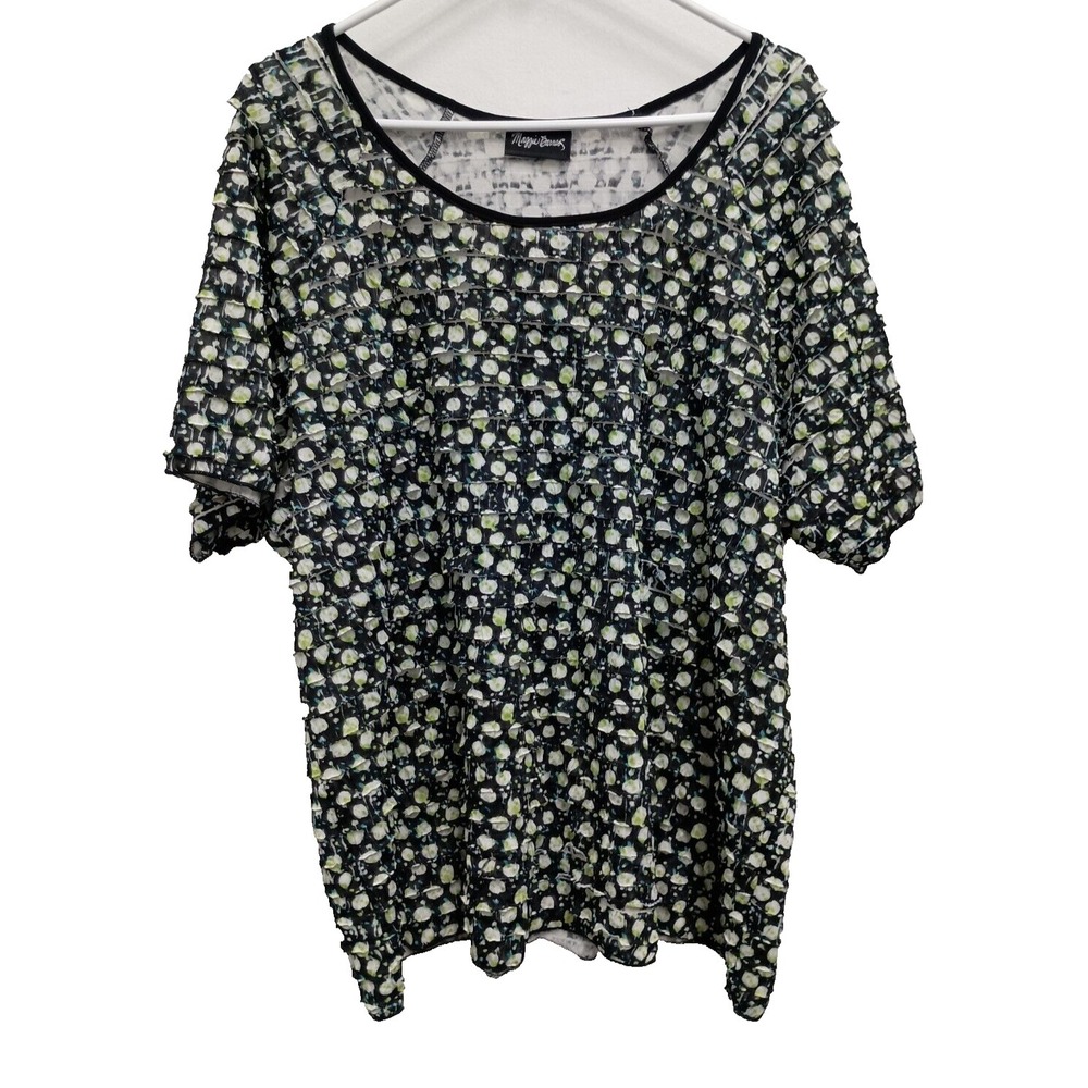 Maggie Barnes Ruffle Top 1X Black Green Polka Dot Short Sleeve Cottage Casual